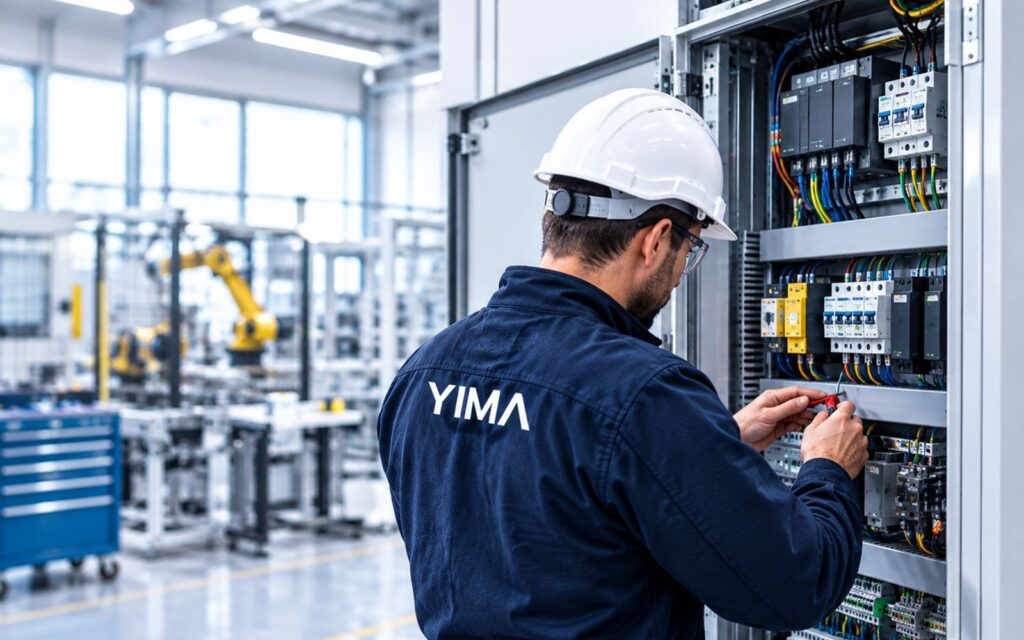 Technik YIMA pracuje na průmyslovém elektrickém rozvaděči ve výrobním provozu.