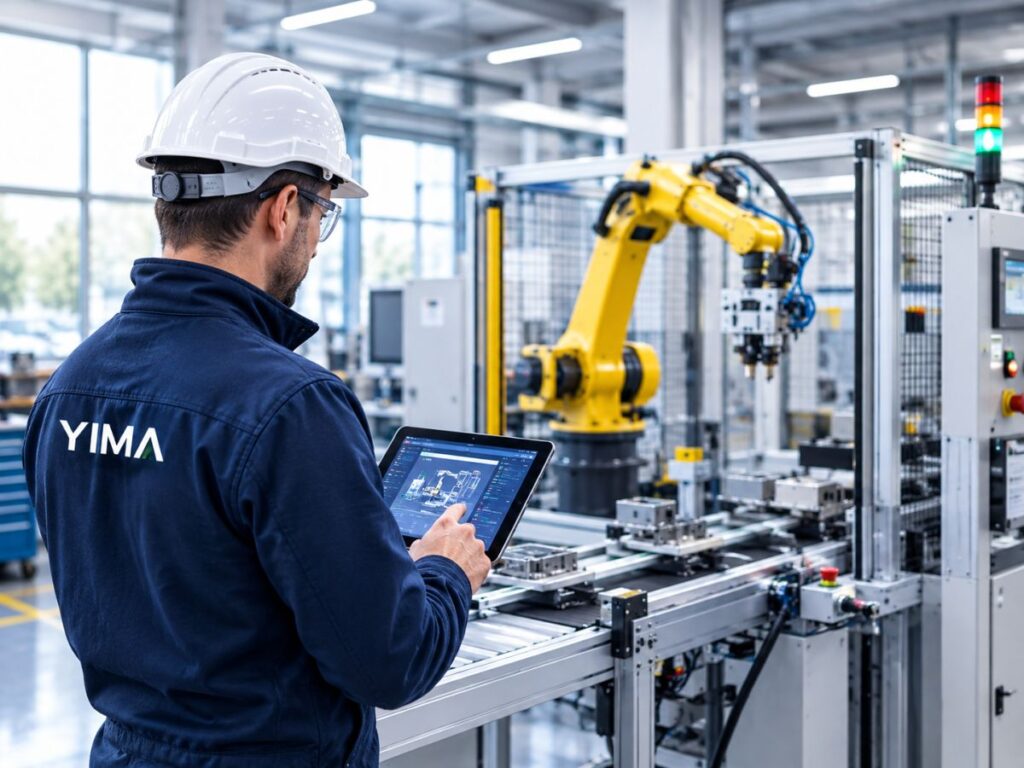 Technik YIMA kontroluje robotické pracoviště a výrobní linku pomocí tabletu.