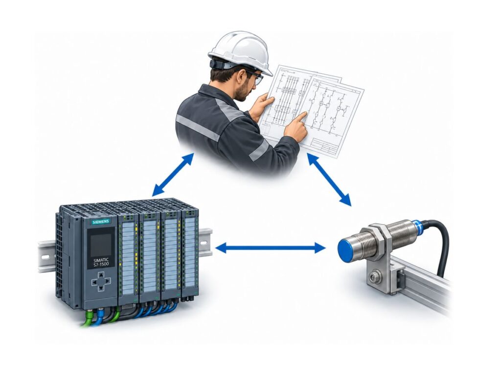 Schéma propojení PLC řídicího systému Siemens SIMATIC S7-1500, průmyslového senzoru a technika s projektem.